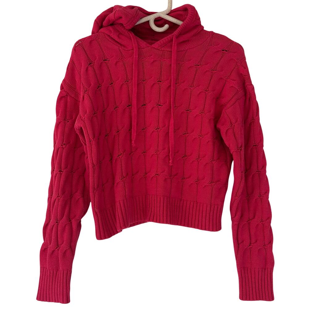 Anthropologie Saturday Sunday pink hooded crop cable knit sweater fall winter S - Picture 2 of 9
